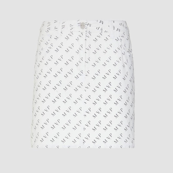 LIKE NEW. MVP Wardrobe DENIM MIN SKIRT LOGO WHITE - Picture 4 of 12